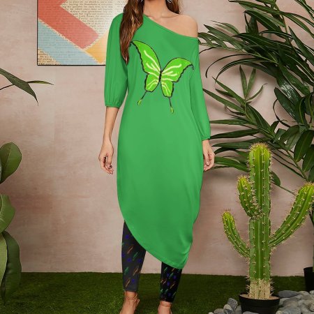 (GI) Diagonal Shoulder Two Piece Set - Butterfly (GreenBlack )