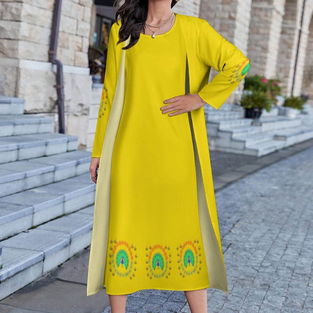 (GI) The Ethnic Peacock Print Yellow with a Cardigan -Set