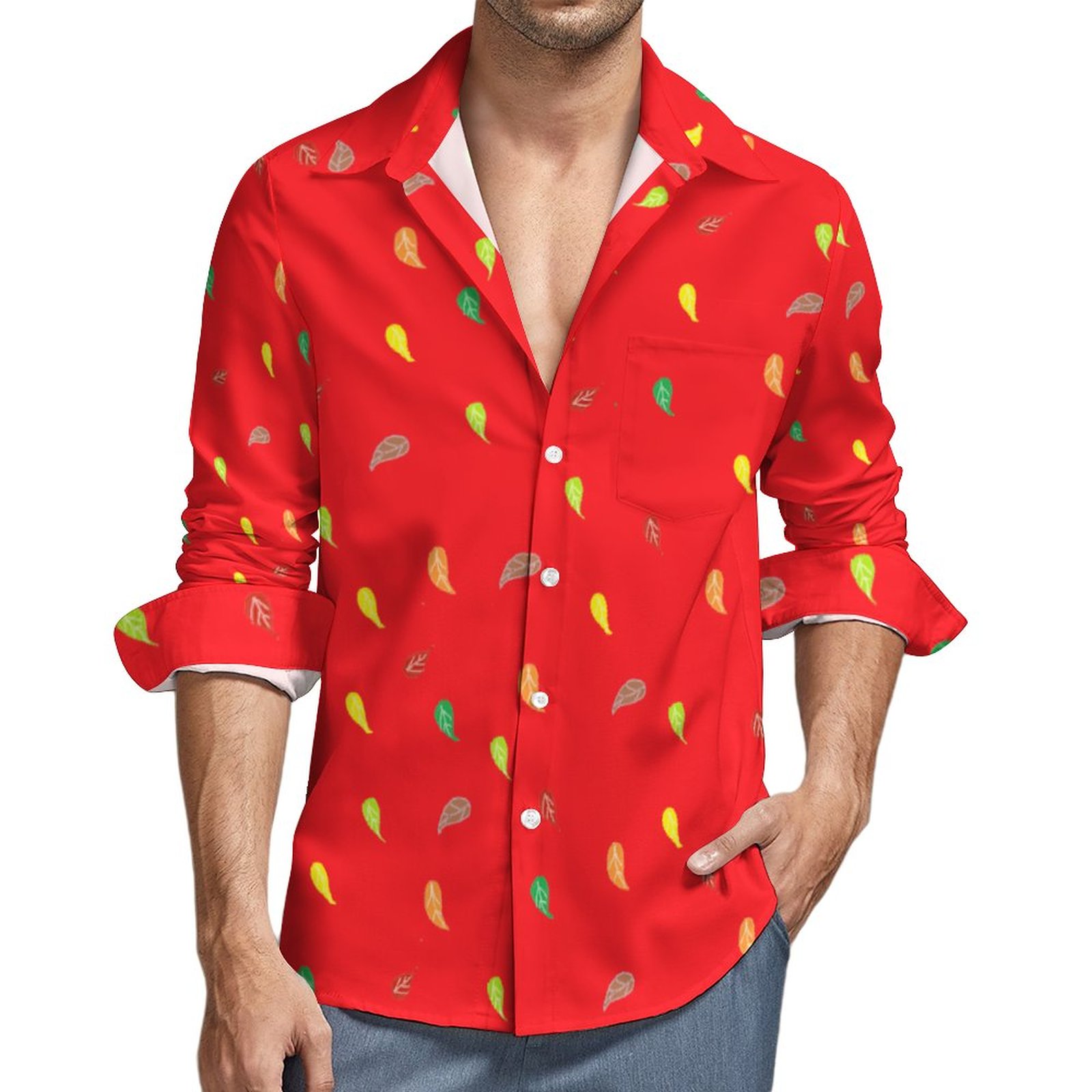 (GI) Faux Linen Long Sleeve Shirt with Pocket - FL RED - Image 2