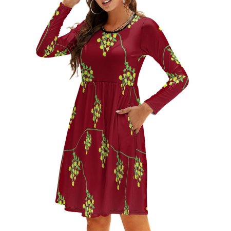 (GI) Maroon Spring Series - Round Neck Long Sleeve Dress with Pocket