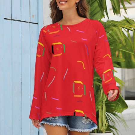 (G) Random Red Women's Long Sleeve U-Neck Tops