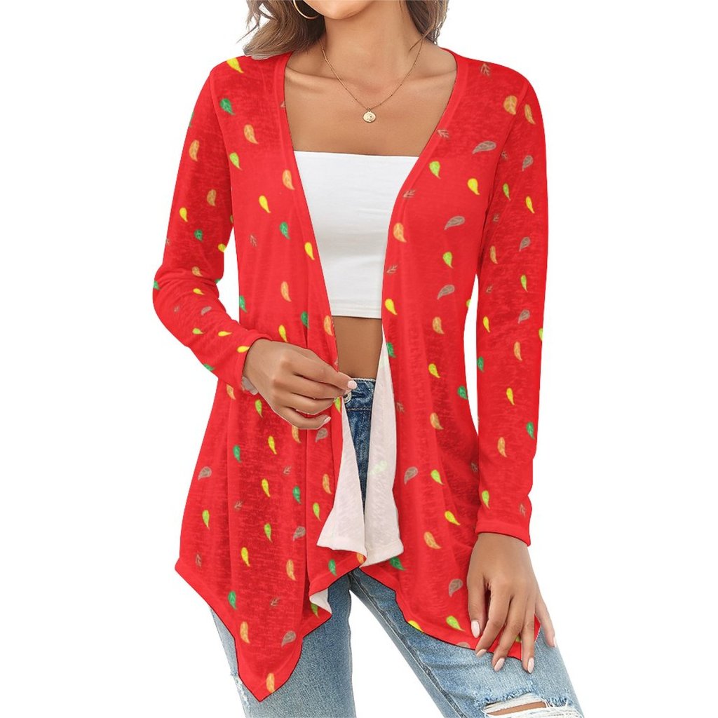 (G) Drop Shoulder Women's  FL Red -Open Shirt with Irregular Hem