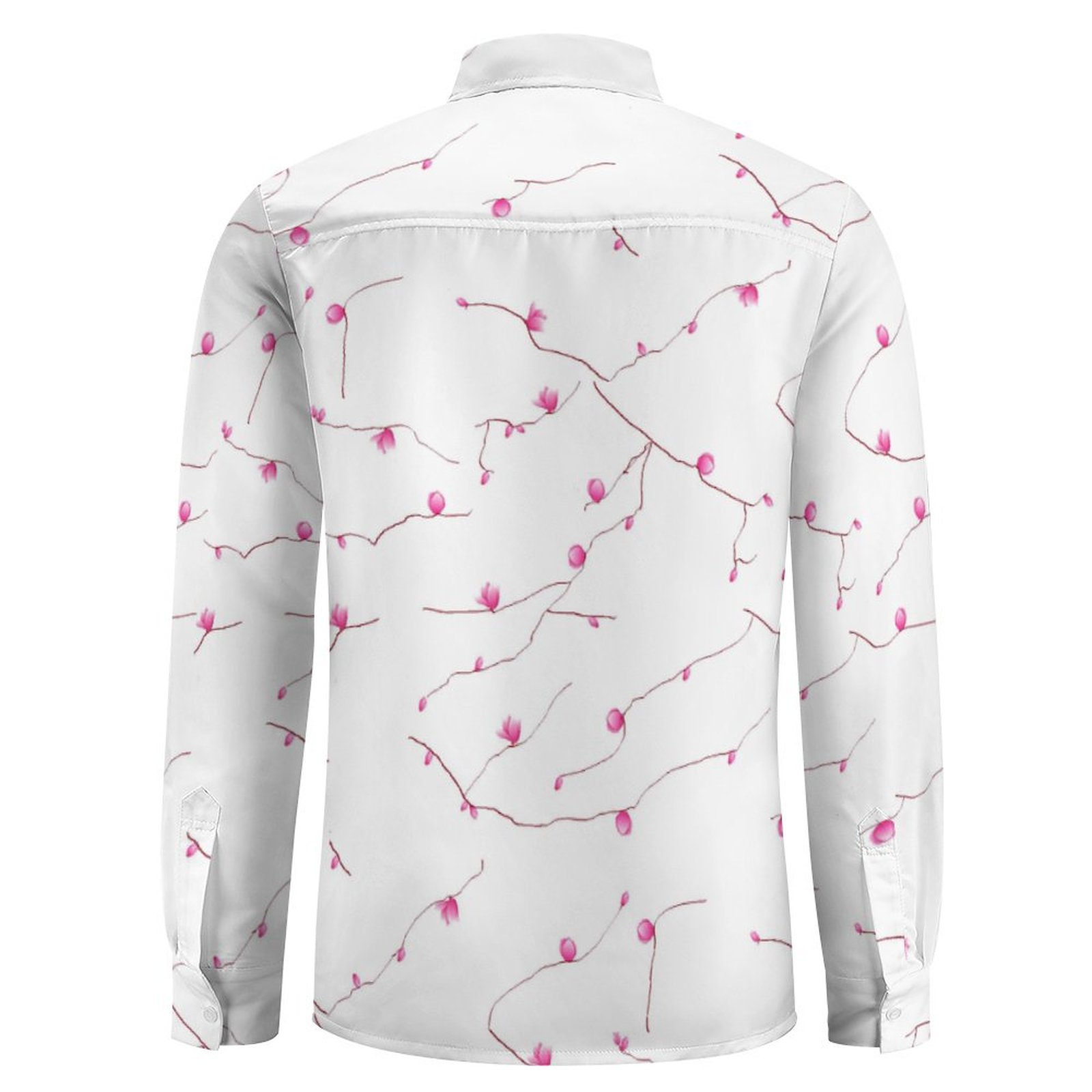 (GI) Pink Tree Prints - Faux Linen Men Long Sleeve Shirt with Pocket - Image 4