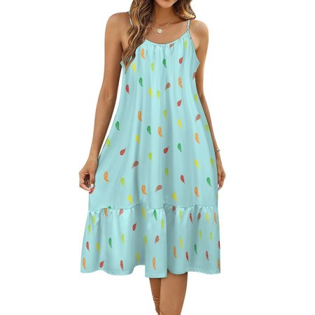 (GI) Blue - Falling Leaves Print Design - Spaghetti Strap Dress