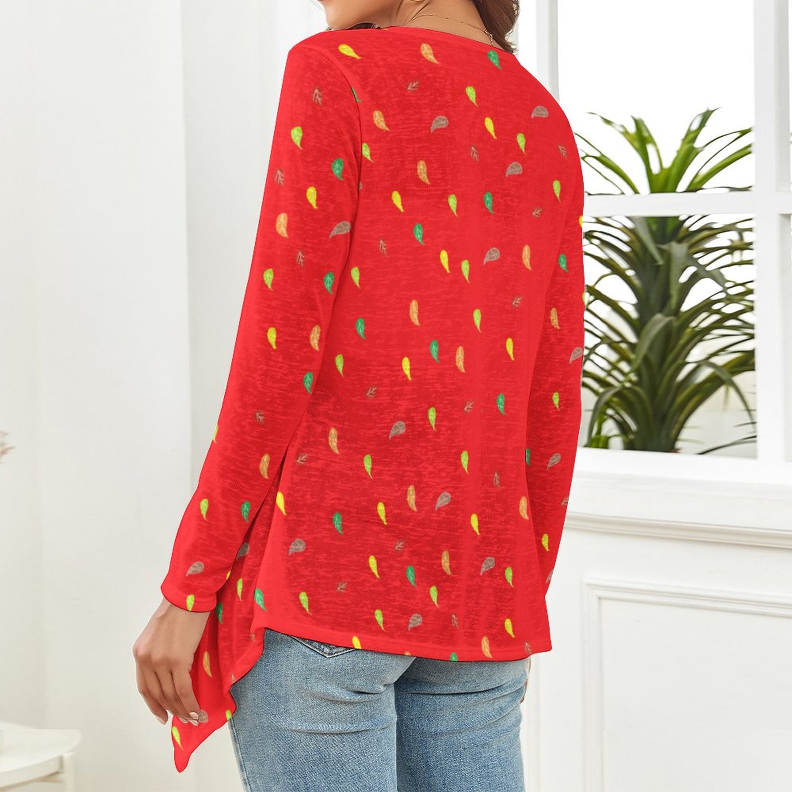 (G) Drop Shoulder Women's FL Red -Open Shirt with Irregular Hem - Image 2