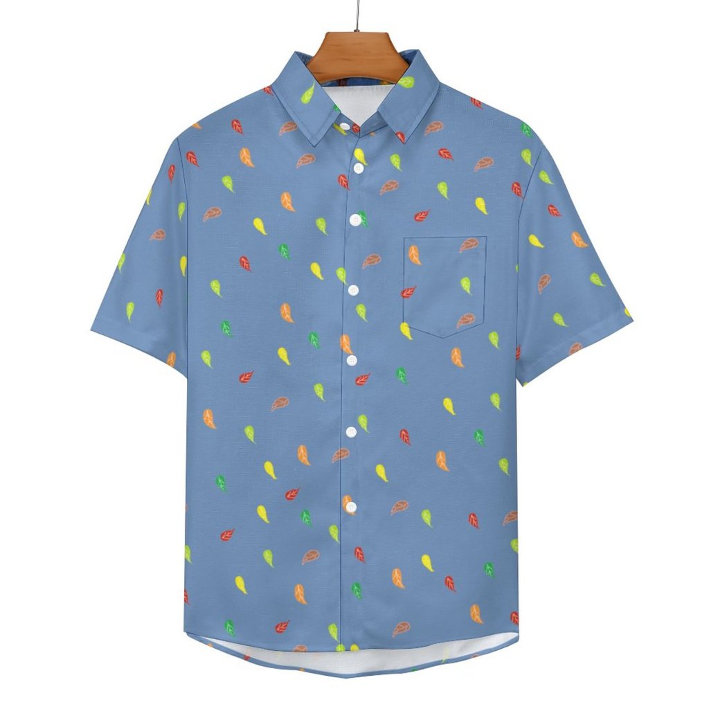 (GI) Navy Blue - Faux Linen Short Sleeve Shirt with Pocket