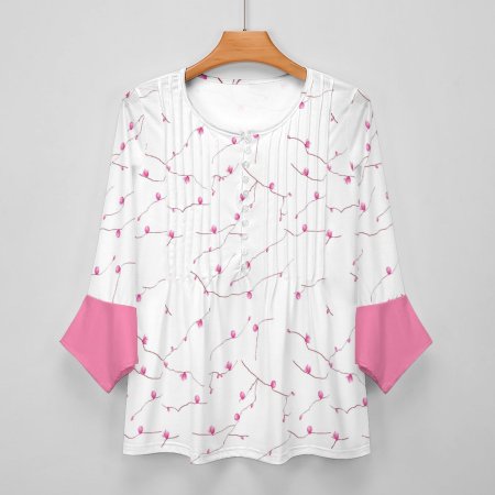 (G) V-neck Women Top with Quarter Sleeve - Pink Tree Design