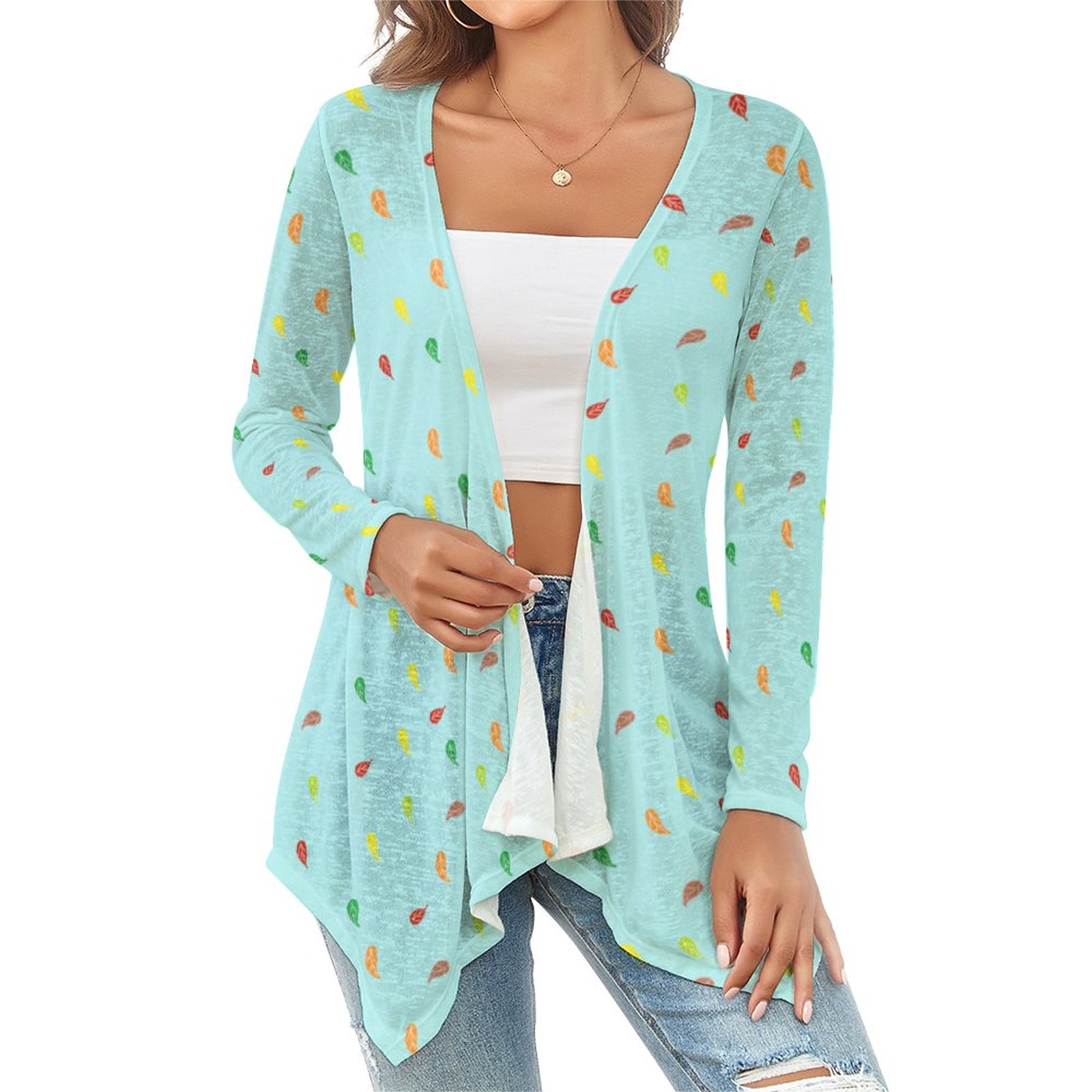 (G) Drop Shoulder Women's FL Blue -Open Shirt with Irregular Hem