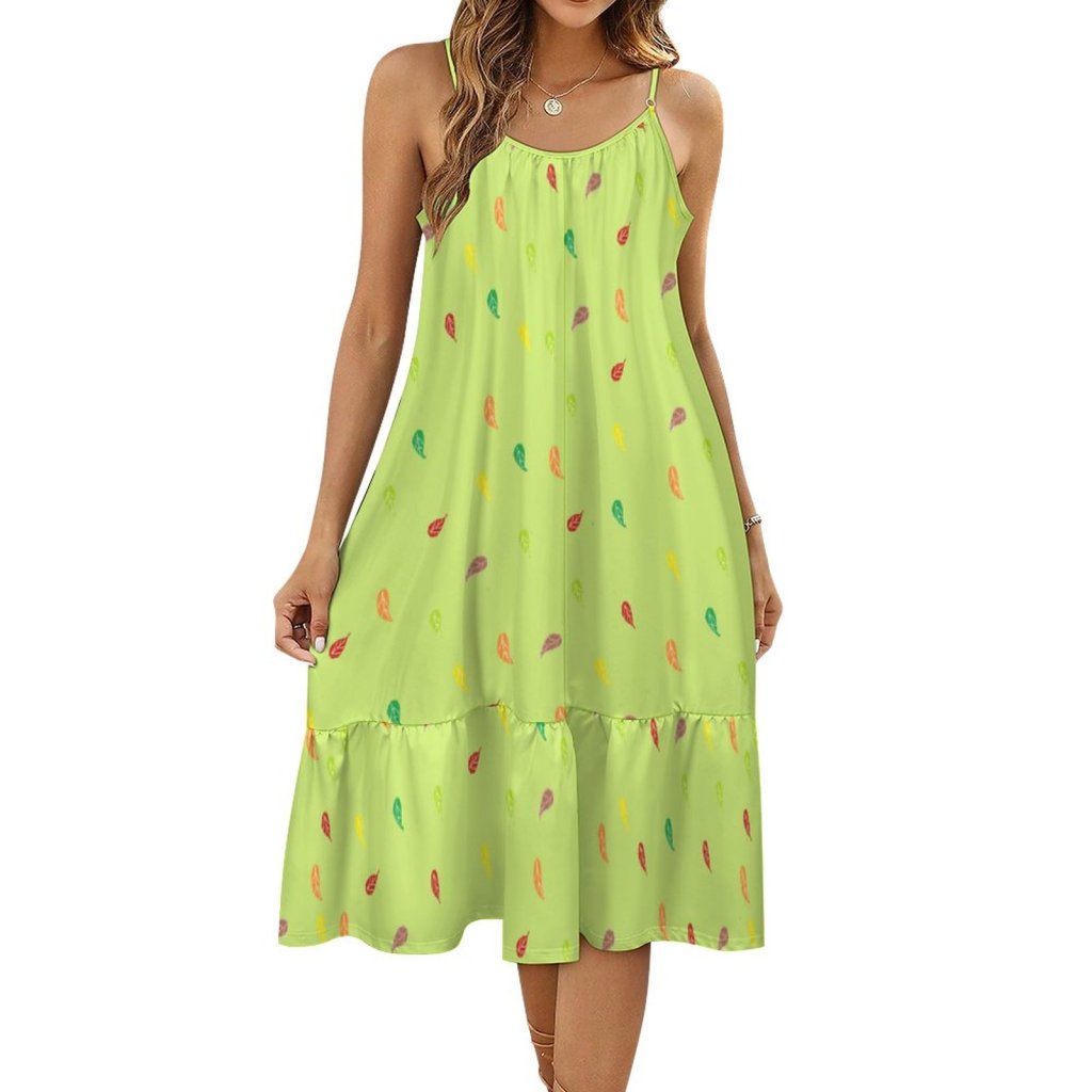 (G) Pale Green FL Pattern Spaghetti Strap Dress