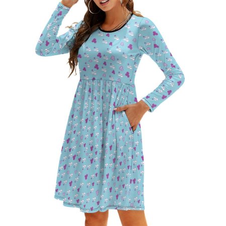 (GI) Naan Blue -Round Neck Long Sleeve Dress with Pocket