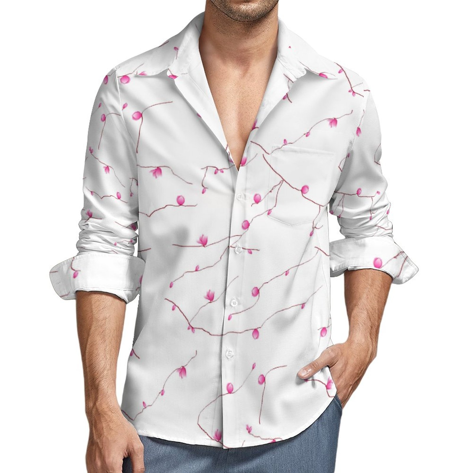 (GI) Pink Tree Prints - Faux Linen Men Long Sleeve Shirt with Pocket - Image 2