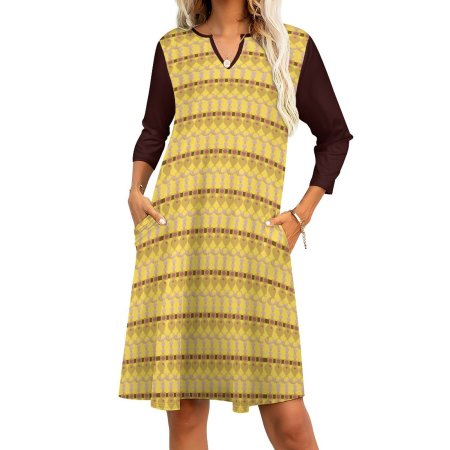 (G) Ethnic Jewel Pattern Yellow-V-neck 3/4 Sleeve Dress with Pockets