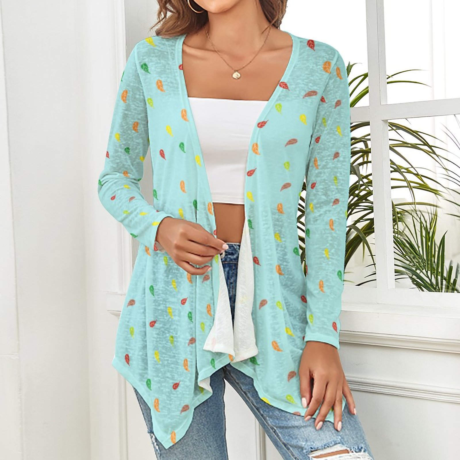 (G) Drop Shoulder Women's FL Blue -Open Shirt with Irregular Hem - Image 3
