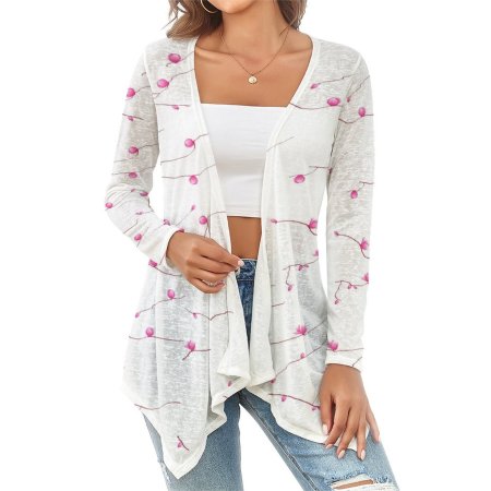 (G) Pink Tree Drop Shoulder Women's Open Shirt with Irregular Hem