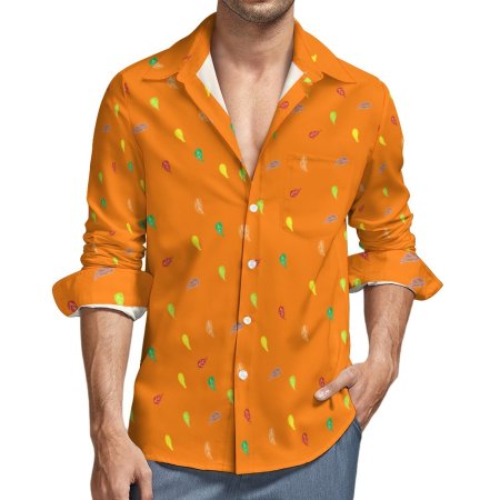(GI) FL Orange -Faux Linen Men Long Sleeve Shirt with Pocket