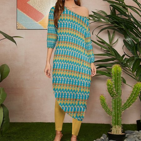 (GI) Diagonal Shoulder Two Piece Set - Jewel Pattern Blue