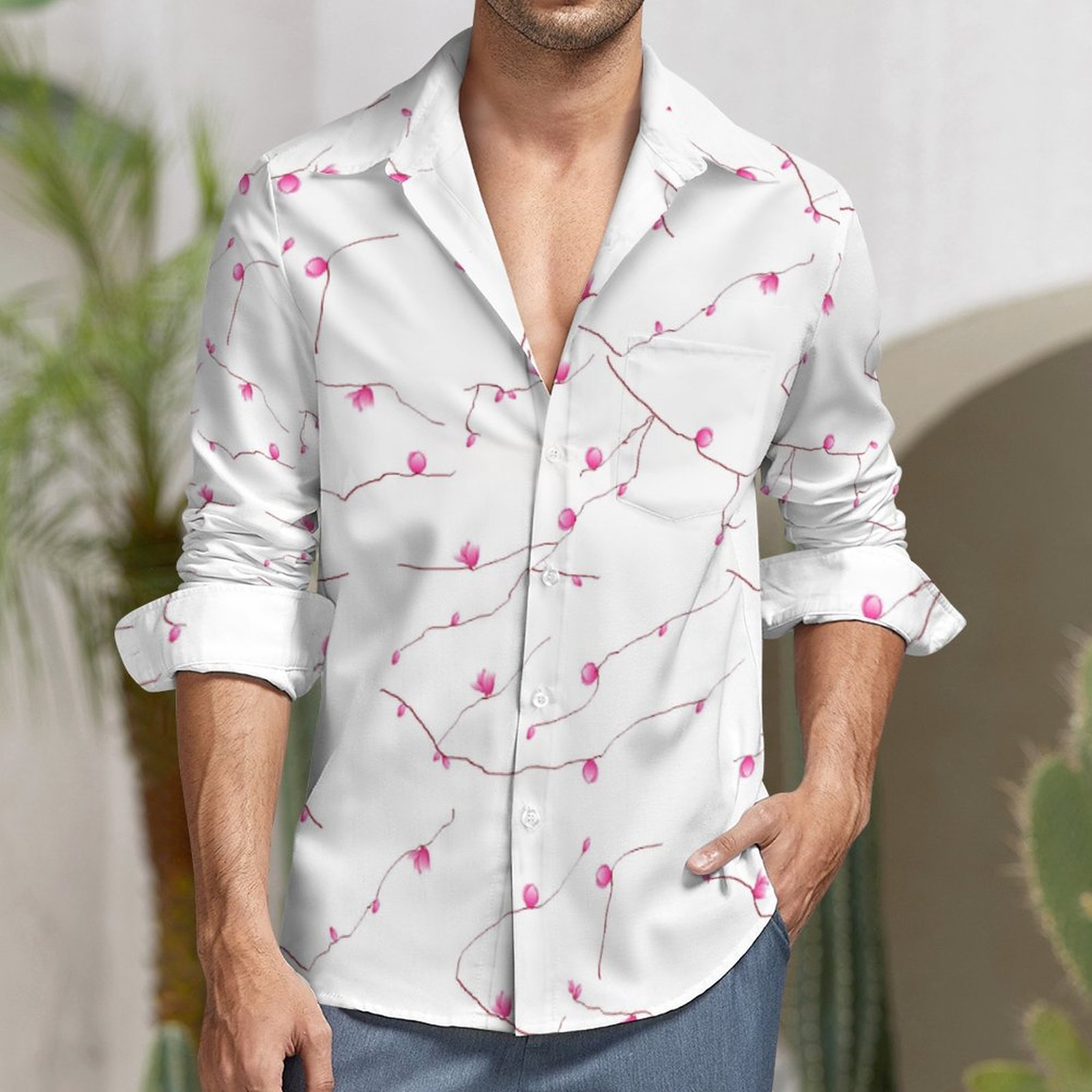 (GI) Pink Tree Prints - Faux Linen Men Long Sleeve Shirt with Pocket