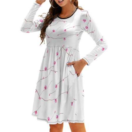(GI) Pink Tree Minimalistic Pattern -Round Neck Long Sleeve Dress with Pocket