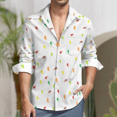 Faux Linen Men Long Sleeve Shirt with Pocket -- WHITE FL PATTERN