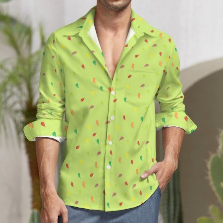 (GI) FL Green -Faux Linen Men Long Sleeve Shirt with Pocket
