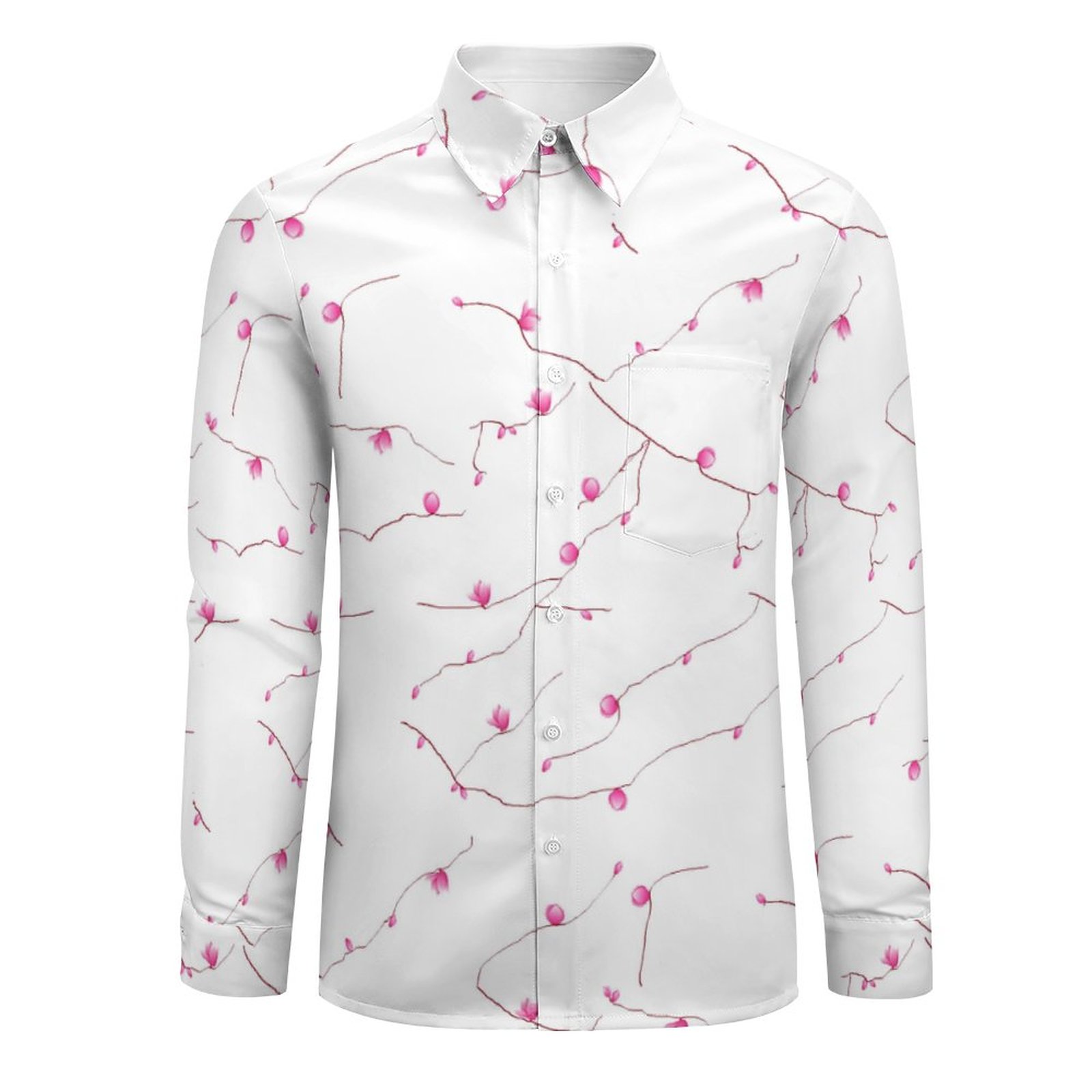 (GI) Pink Tree Prints - Faux Linen Men Long Sleeve Shirt with Pocket - Image 3