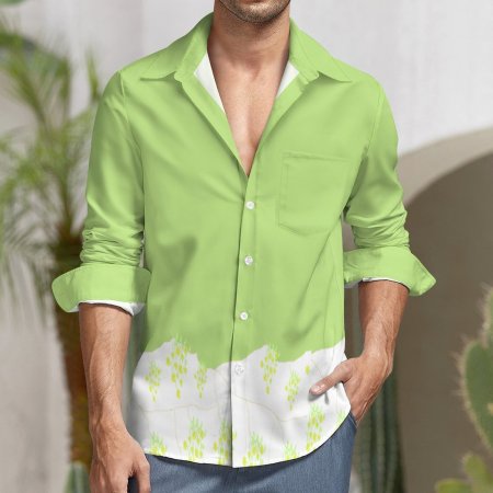 (GI)Faux Linen Men Long Sleeve Shirt with Pocket - SS Green