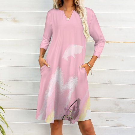 (G) Designer Dress - Abstract Bird Series Print (Pink )