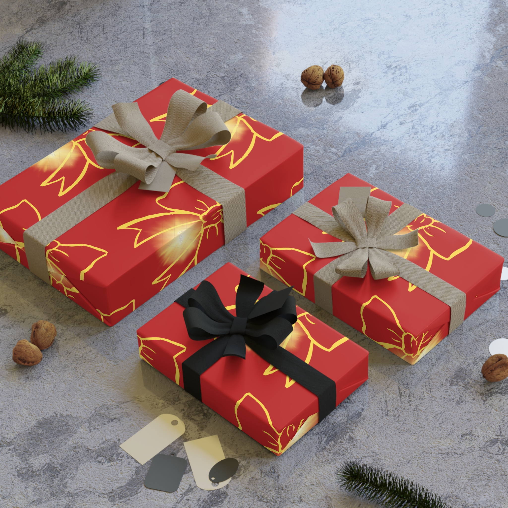"Bow" Red Festive Gift Wrapping Paper Roll 03 - Image 3